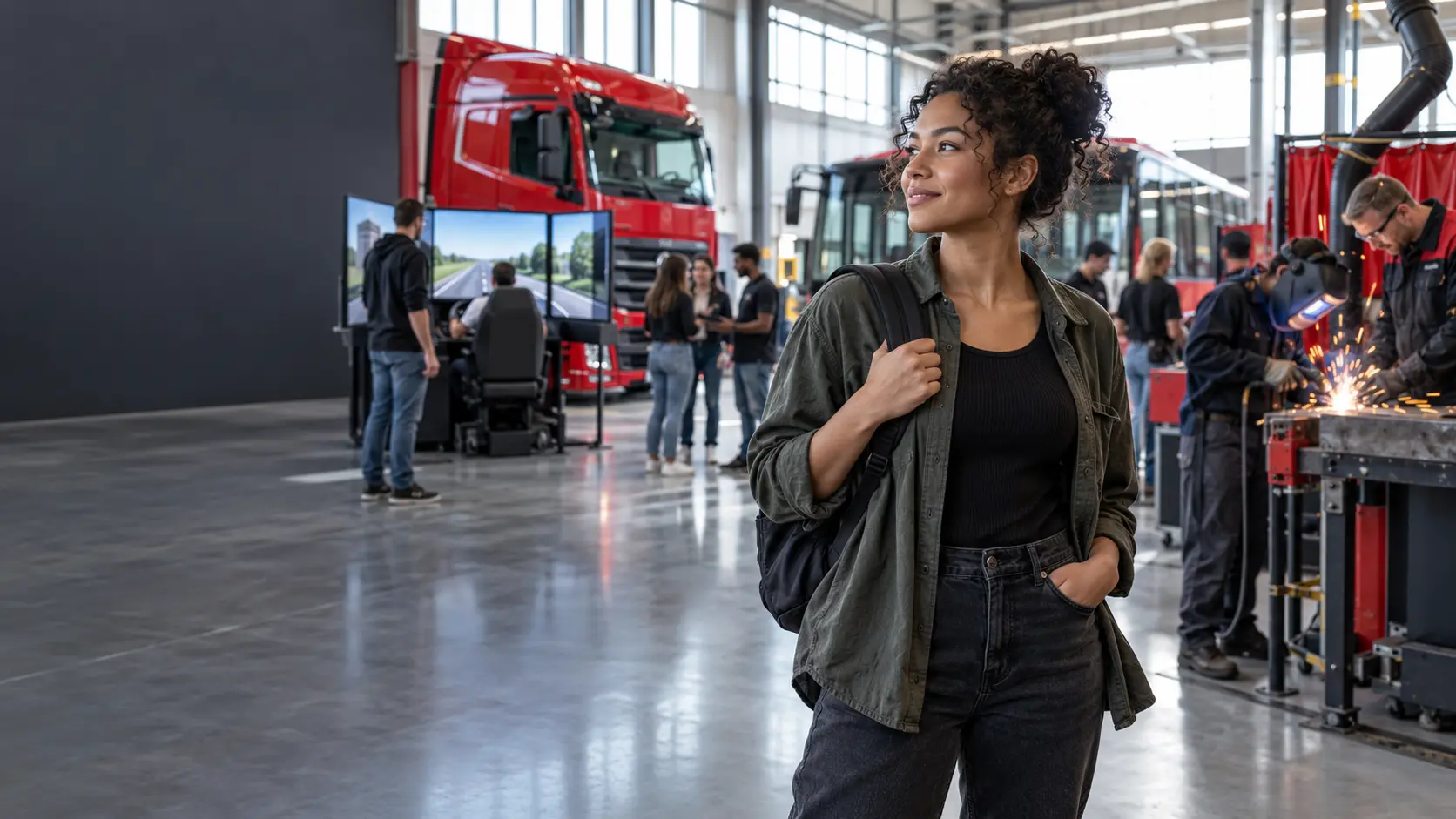 Besucherin entdeckt verschiedene Berufsfelder in einer modernen Trainingshalle
